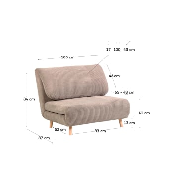 Sofa rozkładana Keren 2-osobowa sztruksowa szara 106 cm - rozmiary