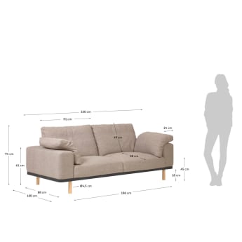 Sofa 3-osobowa Noa z poduszkami beżowa nogi wykończenie naturalne 230 cm - rozmiary