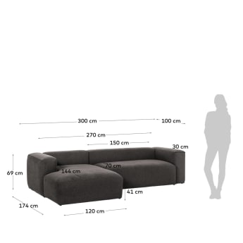 Divano Blok 3 posti chaise longue sinistro grigio 300 cm - dimensioni