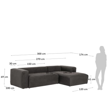 Sofá Blok 3 lugares chaise longue direito cinza 300 cm - tamanhos