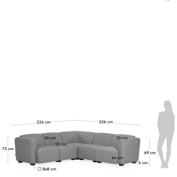 Legara 5 seater corner sofa in light grey, 226 x 226 cm - sizes
