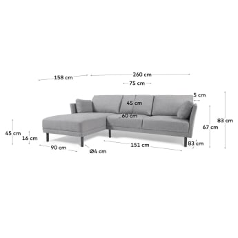 Gilma 3-Sitzer Sofa grau mit Chaiselongue links und Beinen mit dunklem Finish 260 cm - Größen