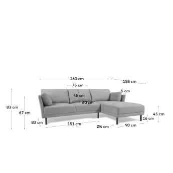 Gilma 3-Sitzer Sofa mit Chaiselongue rechts grau und Beinen mit dunklem Finish 260 cm - Größen