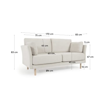 Gilma 2 seater sofa in beige with natural wood finish legs, 170 cm - sizes