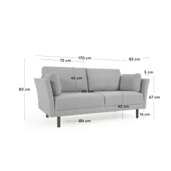 Gilma 2 seater sofa in light grey with painted black finish legs, 170 cm - sizes