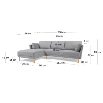 3θ καναπές Gilma με ανάκλινδρο αριστερά, γκρι, πόδια σε φυσικό φινίρισμα, 260 εκ - μεγέθη