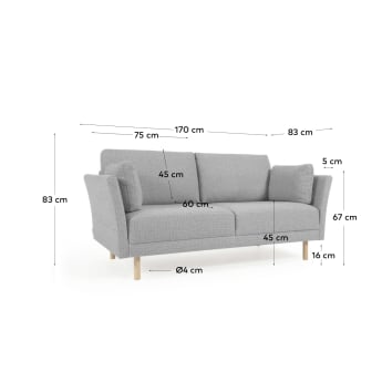 Gilma 2 seater sofa in light grey with natural wood finish legs, 170 cm - sizes