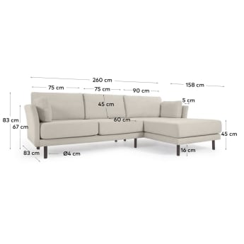 Gilma 3-Sitzer Sofa mit Chaiselongue rechts/links beige mit schwarzen Beinen 260 cm - Größen