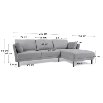 Gilma 3 seater with right/left-hand chaise longue, light grey, black finish legs, 260 cm - sizes