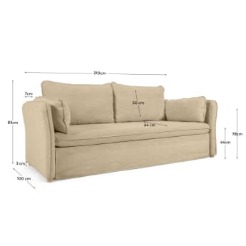 Sofa rozkładana Tanit beżowa i nogi z drewna bukowego w kolorze naturalnym 210 cm - rozmiary