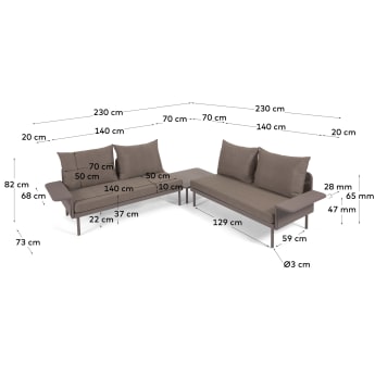 Set exterior Zaltana de sofá rinconero y mesa aluminio acabado pintado marrón mate 164 cm - tamaños