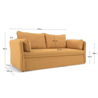 Sofa rozkładana Tanit musztardowa i nogi z drewna bukowego w kolorze naturalnym 210 cm - rozmiary