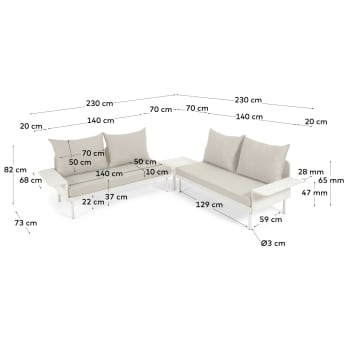Set exterior Zaltana sofá de canto e mesa alumínio acabamento pintado branco mate 164 cm - tamanhos