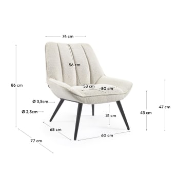 Marlina white bouclé armchair with steel legs with black painted finish - sizes