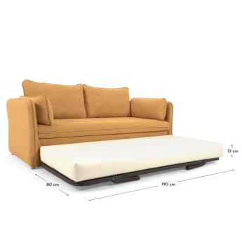 Sofá-cama Tanit mostarda e pés de madeira maciça de faia com acabamento natural 210 cm - tamanhos