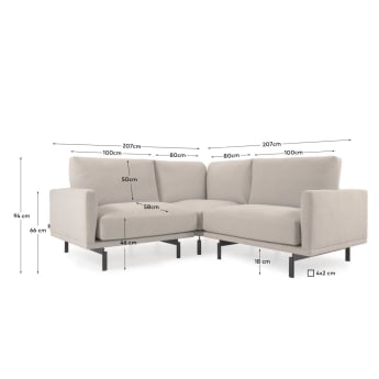 Galene 2 seater corner sofa in beige, 207 x 207 cm - sizes