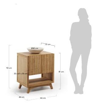 Mueble de baño rectangular con lavabo encimera Kuveni de madera maciza de teca 70 x 92 cm - tamaños