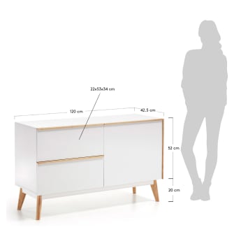 Melan solid rubber wood sideboard with 1 doors and 2 drawers in white lacquer, 120 x 72 cm - sizes