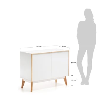 Melan solid rubber wood sideboard with 2 doors in white lacquer, 90 x 72 cm - sizes