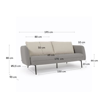Walkyria 3 seater sofa in grey with beige cushions and black finish metal legs, 195 cm - sizes