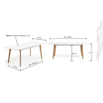Mesa extensible Melan 160 (200) x 90 cm lacado blanco patas de madera maciza de caucho - tamaños