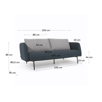 Walkyria 3 seater sofa in blue with grey cushions and black finish metal legs, 195 cm - sizes
