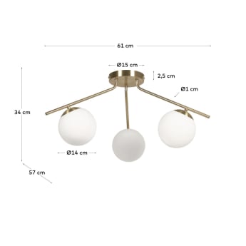 Mahala steel ceiling light with brass finish and three frosted glass spheres - sizes
