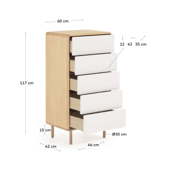 Commode Anielle de 5 tiroirs en bois et placage de frêne 60 x 117 cm - dimensions