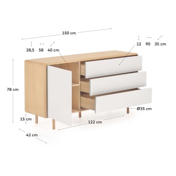 Anielle solid ash & ash veneer sideboard with 1 door and 3 drawers, 150 x 78 cm - sizes