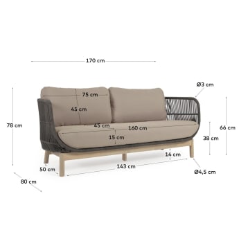 Catalina 3 seater sofa made with green cord and 100% FSC solid acacia wood, 170 cm - sizes