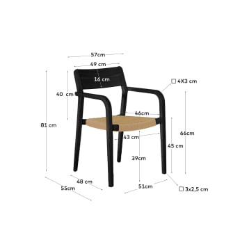 Better stapelbarer Stuhl aus massivem Akazienholz mit mattschwarzem Finish und Seil aus Papier beige - Größen