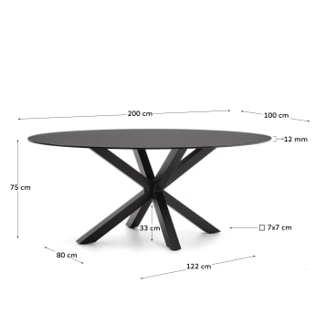 Table Argo en verre noir avec pieds en acier finition noire Ø 200 x 100 cm - dimensions