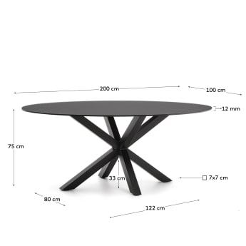 Tavolo Argo in vetro nero con gambe in acciaio finitura nera Ø 200 x 100 cm - dimensioni