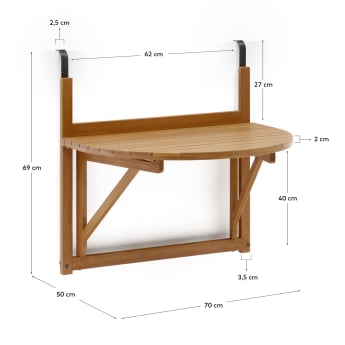 Table de balcon rabattable Amarilis en bois d’acacia 50 x 70 cm FSC 100 % - dimensions