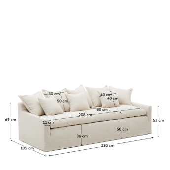 Zenira sofa with removable cover and beige cotton and linen cushions, 230 cm - sizes