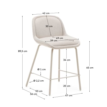 Aimin stool in beige chenille fabric with steel legs in a beige paint finish 65 cm - sizes