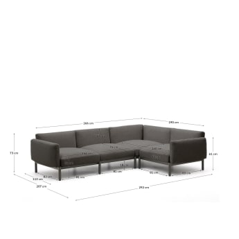 Sofá modular rinconero 5 plazas exterior Sorells tapizado gris y aluminio gris 266x190cm - tamaños
