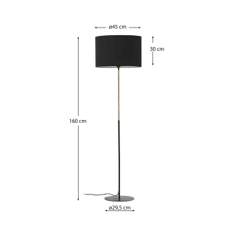 Lámpara de pie Canar de metal y ratán con pantalla de algodón negro - tamaños