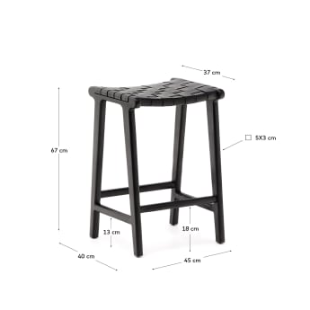 Calixta stool in leather and solid mahogany wood with black finish, 67 cm height - sizes