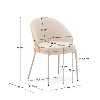 Krzesło Eamy z beżowej szenili, forniru jesionowego z naturalnym wykończeniem i beżowego metalu - rozmiary