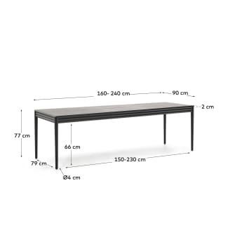 Mesa extensível Lenon de chapa e madeira maciça carvalho preto 160(240)x90cm FSC Mix Credit - tamanhos