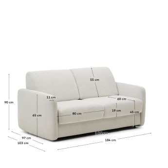 Nuala pearl-coloured 2-seater sofa bed, 184 cm - sizes