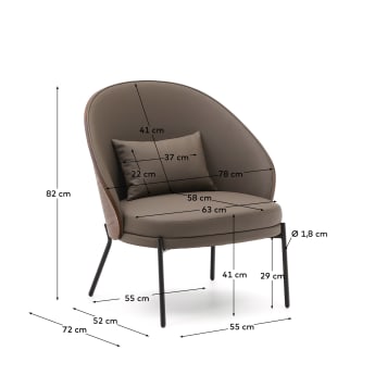 Eamy fauteuil bruin kunstleer, essenfineer en afwerking in noten en zwart metaal. - maten