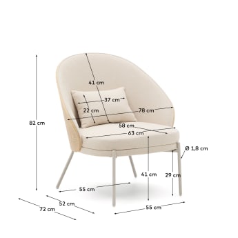 Fotel Eamy z beżowej szenili, forniru jesionowego z naturalnym wykończeniem i beżowego metalu - rozmiary