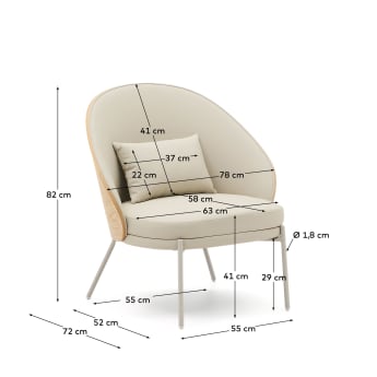 Eamy armchair in beige faux leather, ash veneer with natural finish and beige metal - sizes