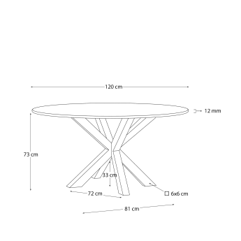 Table ronde Argo en verre noir mat et pieds en acier effet bois Ø 120 cm - dimensions