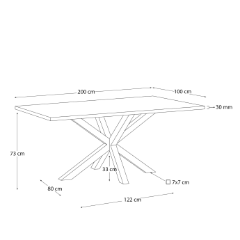 Table Argo en mélaminé finition naturelle et pieds en acier finition noire 200 x 100 cm - dimensions