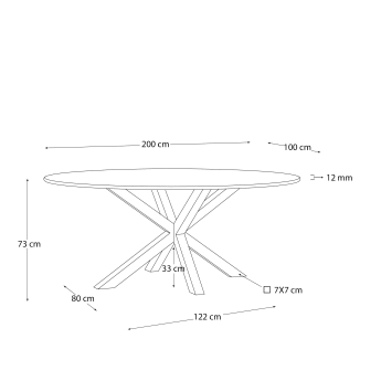 Table ovale Argo en verre et pieds en acier effet bois Ø 200 x 100 cm - dimensions