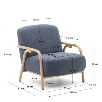Blauwe fauteuil Sylo van FSC 100% massief essenhout - maten