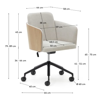 Chaise de bureau Madai chenille beige et placage en frêne finition naturelle FSC Mix Credit - dimensions
